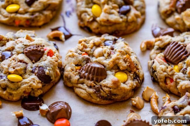 Loaded Reese's Peanut Butter Pretzel Cookies 14 Freshly baked Reese's Peanut Butter Cookies artfully arranged on a baking pan, ready to be enjoyed or stored.