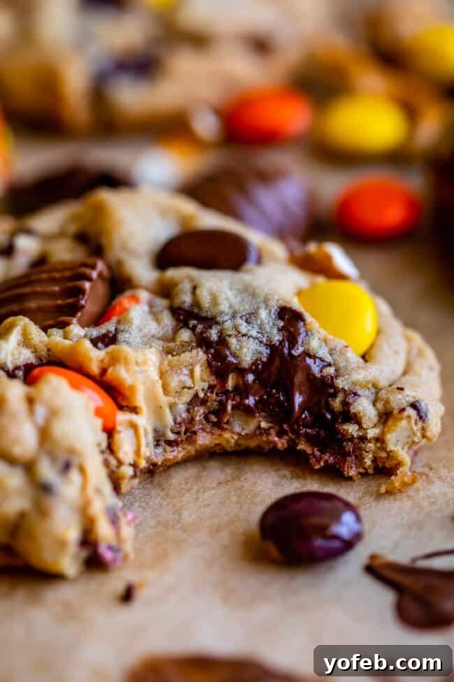 Loaded Reese's Peanut Butter Pretzel Cookies 4 Close-up of a Reese's peanut butter pretzel cookie with a bite taken out, revealing the mix of Reese's Pieces and pretzel pieces.