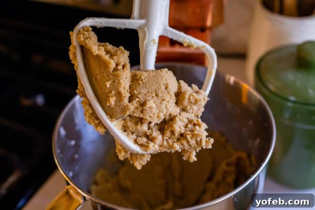 Loaded Reese's Peanut Butter Pretzel Cookies 8 Thoroughly creamed butter and sugar mixture on the paddle of a stand mixer, appearing light and fluffy.
