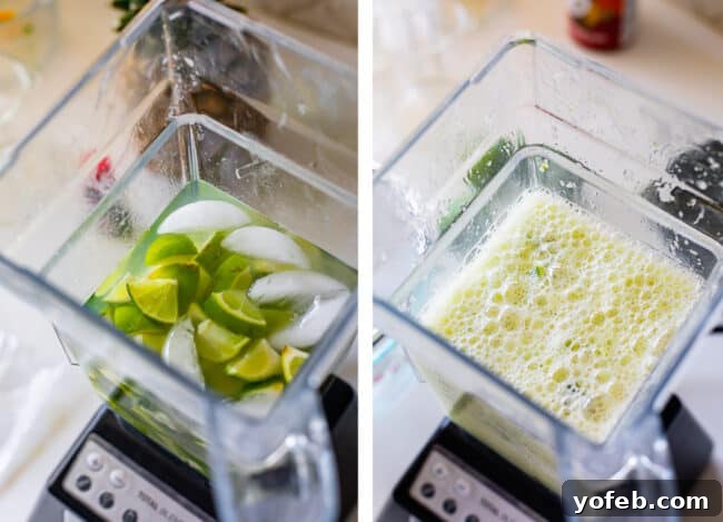 Creamy Brazilian Lemonade Recipe 11 Limes and ice water being blended together in a blender, capturing the initial stage of Brazilian Limeade preparation.