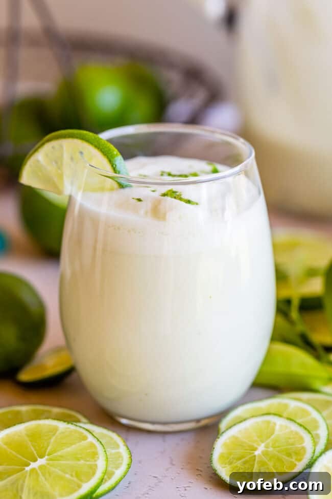 Creamy Brazilian Lemonade Recipe 18 A chic stemless wine glass filled with Brazilian Limeade, garnished with fresh lime wedges for an elegant touch.