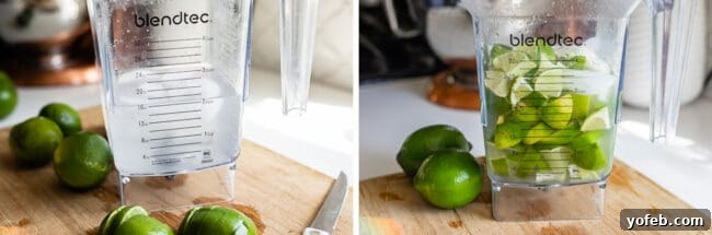 Creamy Brazilian Lemonade Recipe 10 A pitcher of ice water with chopped limes submerged, the first step in creating this unique Brazilian beverage.