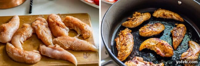Two-part image: first, raw chicken breast seasoned with spices on a cutting board; second, the chicken searing in a hot skillet, achieving a perfect golden crust.