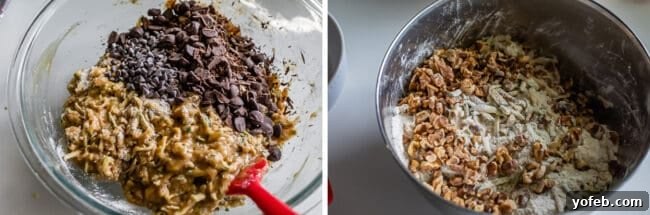 Heavenly Zucchini Bread 13 adding chocolate chips to zucchini bread batter; adding nuts to batter.
