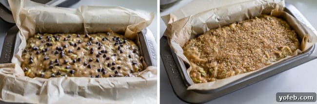 Heavenly Zucchini Bread 14 one pan of zucchini bread topped with chocolate chips; one pan topped with cinnamon sugar.