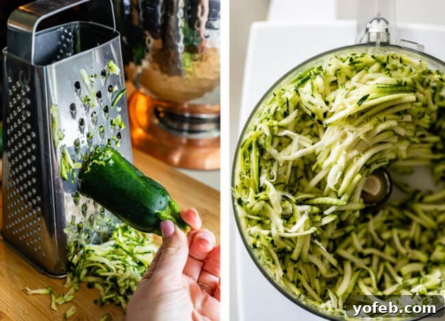 Heavenly Zucchini Bread 15 shredding zucchini with a box grater; shredding zucchini in a food processor.