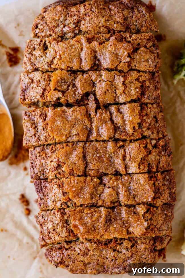 Heavenly Zucchini Bread 3 overhead shot of a sliced loaf of moist zucchini bread recipe.