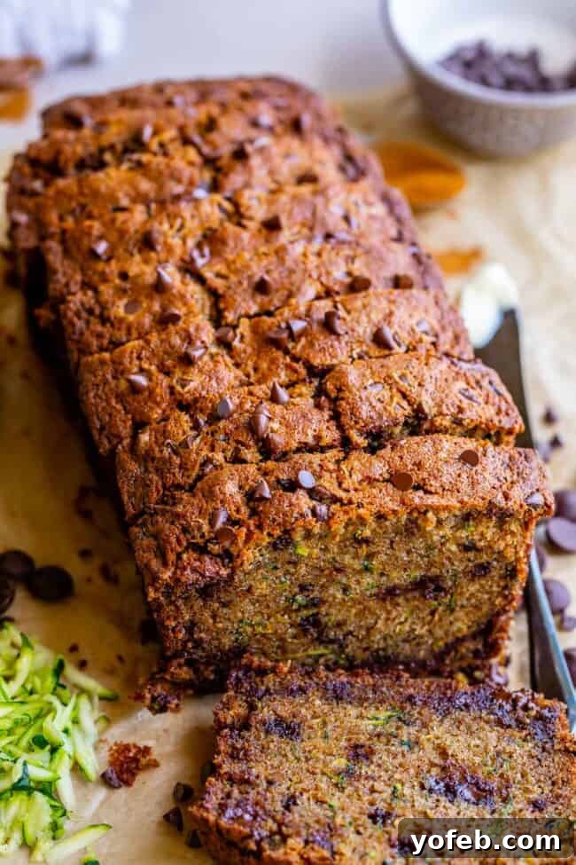 Heavenly Zucchini Bread 21 sliced loaf of zucchini bread with mini chocolate chips.