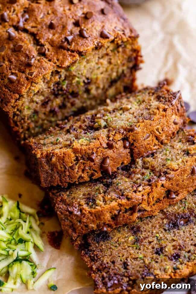 Heavenly Zucchini Bread 6 moist zucchini bread with mini chocolate chips in slices.