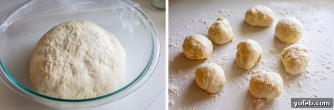 homemade naan bread dough risen in a glass bowl and divided into 8 balls.