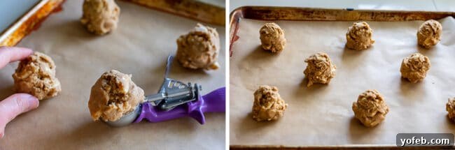 Dreamy White Chocolate Chip Treats 18 cookie scoop on a baking sheet with cookie dough balls