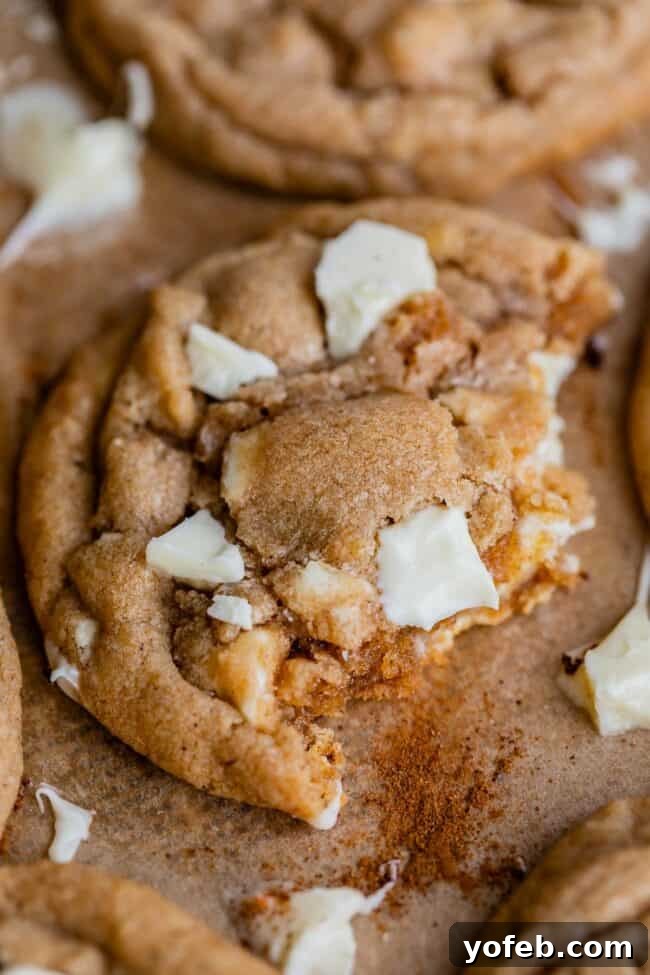 Dreamy White Chocolate Chip Treats 6 half of a white chocolate cookie on a pan with cinnamon sprinkled