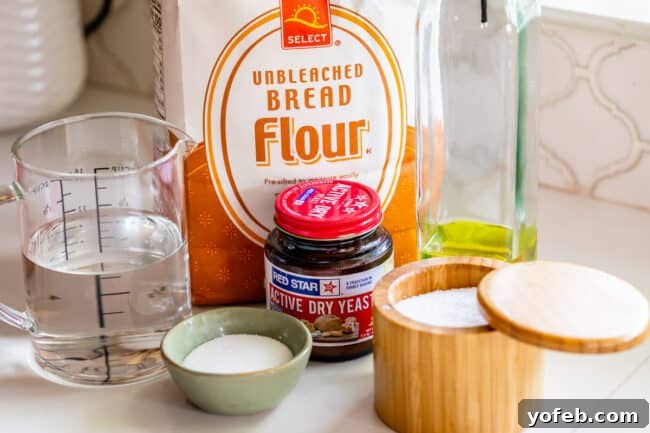 Foolproof Pizza Dough for Newbies 11 ingredients lined up on a counter for pizza dough: bread flour, yeast, salt, water.