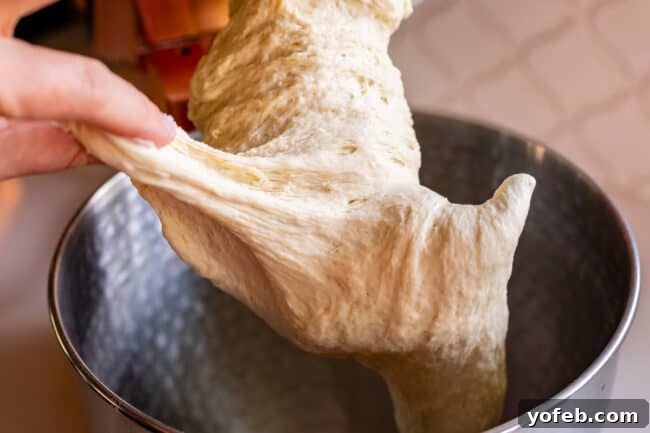 Foolproof Pizza Dough for Newbies 16 pulling on a piece of dough to show elasticity for how to make pizza dough.