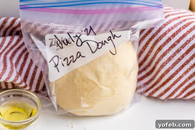 Foolproof Pizza Dough for Newbies 24 pizza dough in a ziplock bag, labeled with the date.