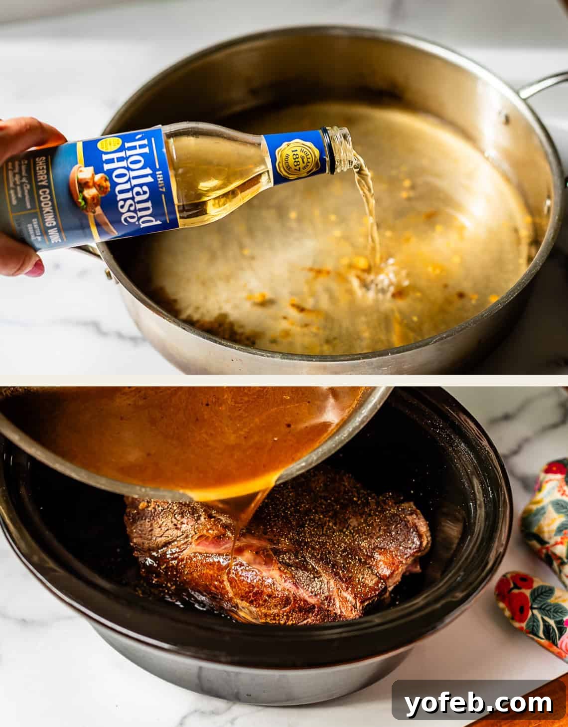 Ultimate Slow Cooker French Dip Sandwiches 11 Two distinct images showcasing the addition of wine: the first shows cooking wine being poured from a bottle into a sizzling pan, effectively deglazing the flavorful browned bits. The second image illustrates the liquid, now infused with rich pan drippings, being carefully poured over the seasoned chuck roast in a slow cooker, enhancing its flavor profile.