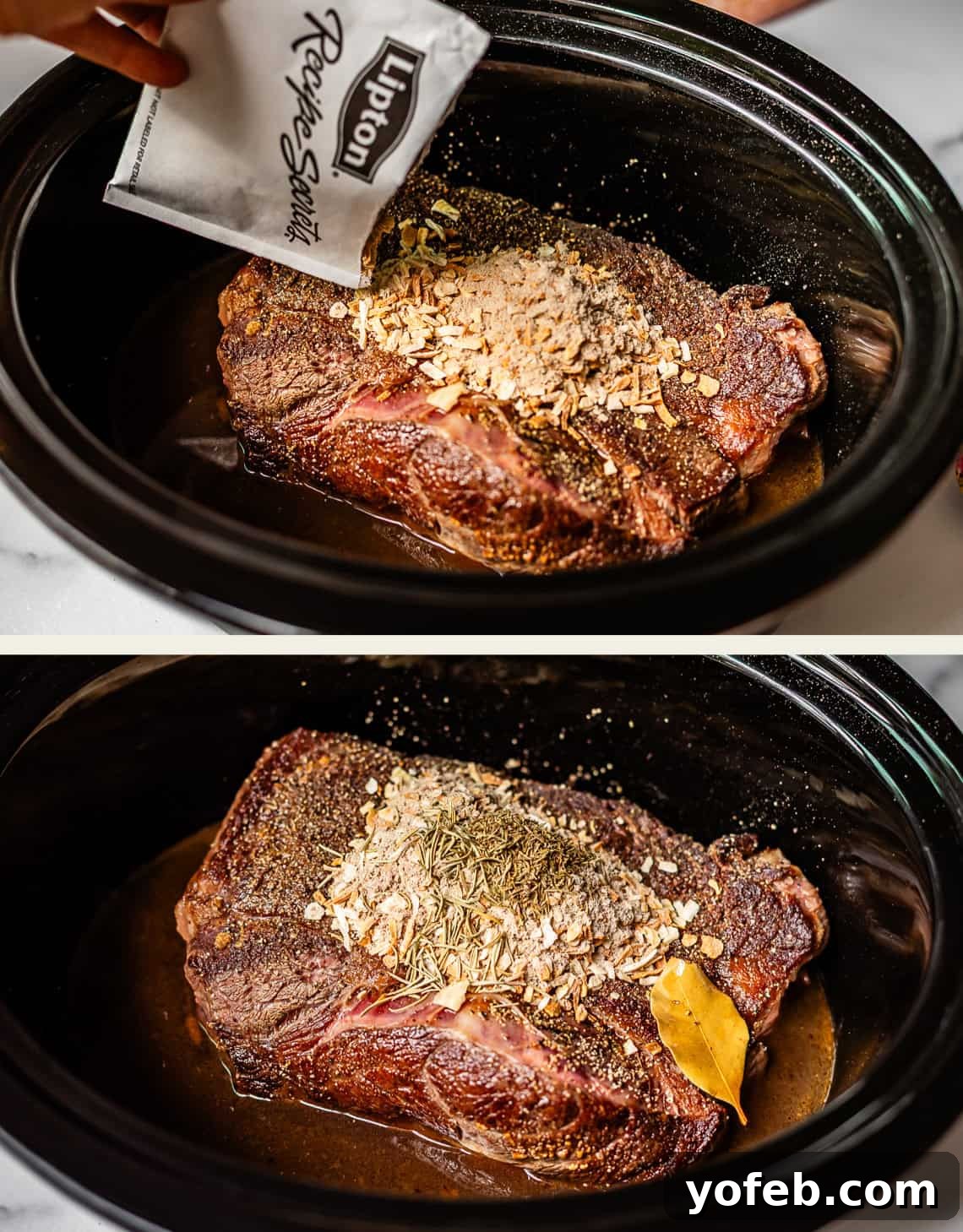 Ultimate Slow Cooker French Dip Sandwiches 12 Two images detailing the seasoning process for a beef roast in a slow cooker: the top shows a hand carefully sprinkling Lipton Recipe Secrets onion soup mix onto the meat, ensuring even coverage. The bottom image displays the roast fully seasoned with a blend of spices, herbs, and a single bay leaf resting amidst the flavorful broth, ready for slow cooking.