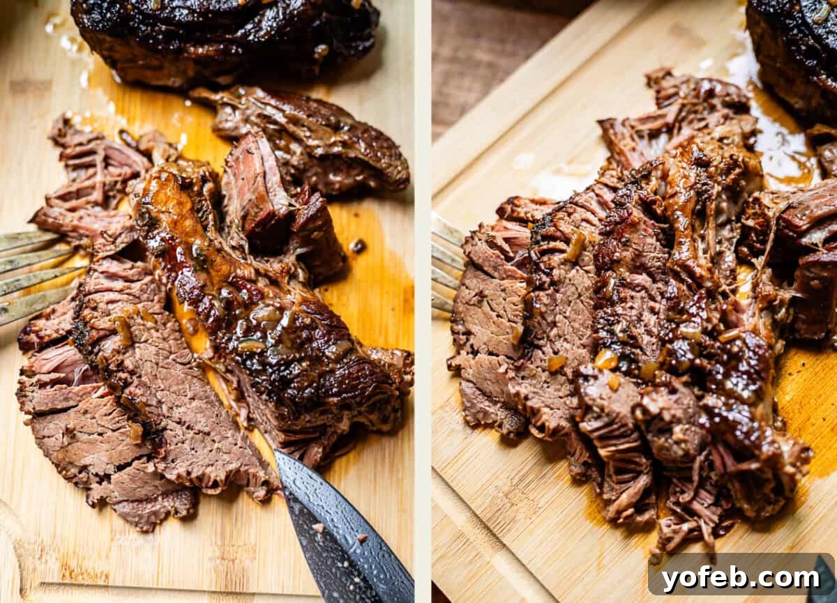 Ultimate Slow Cooker French Dip Sandwiches 15 Two close-up images of a perfectly cooked, juicy roast beef on a wooden cutting board. The first image shows a fork gently pulling apart a piece of meat, revealing its tender, shreddable texture. The second image displays a knife slicing against the grain, showcasing the moist, rich interior of the browned beef, ready for French Dip sandwiches.
