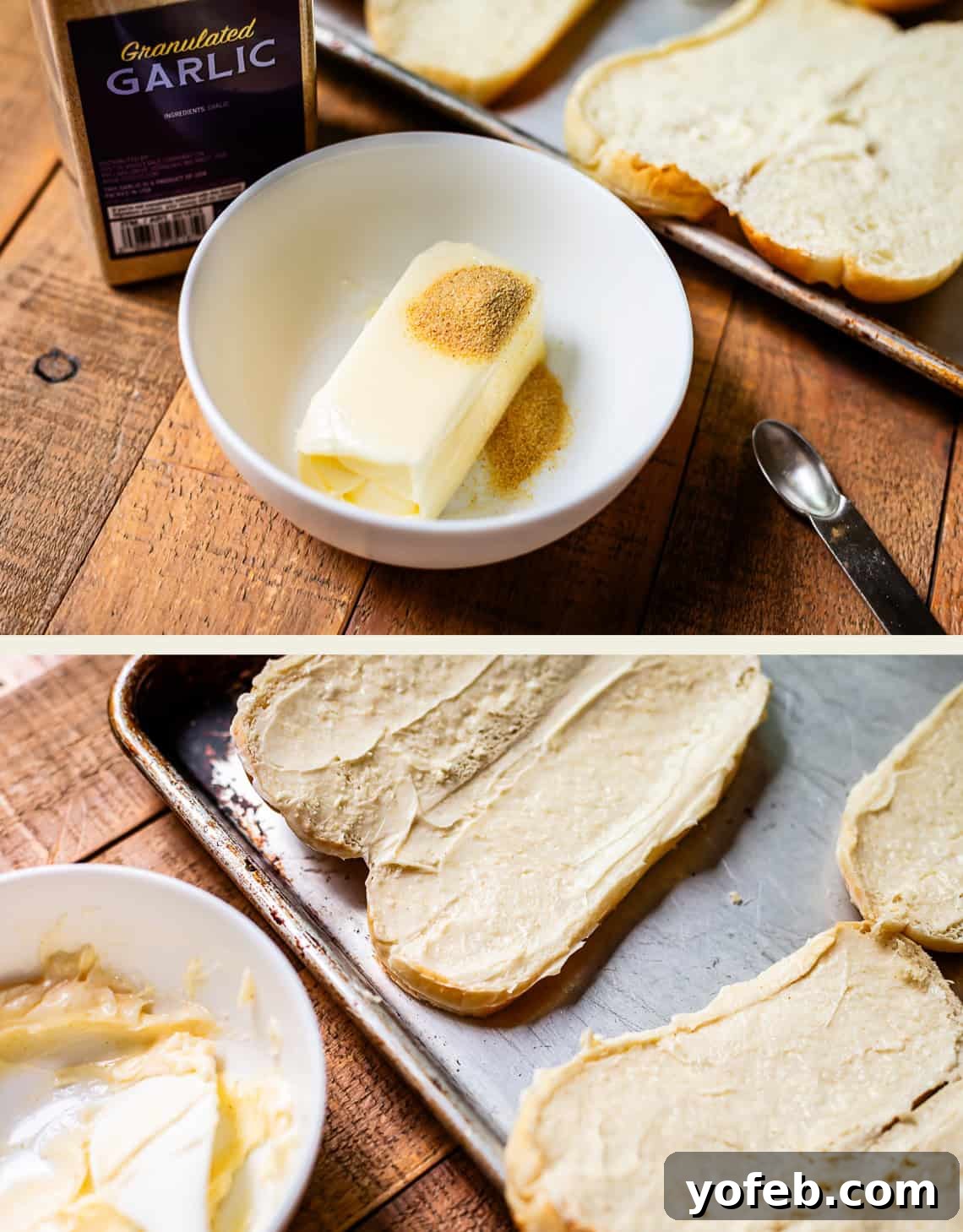 Ultimate Slow Cooker French Dip Sandwiches 16 Two distinct images showcasing garlic butter preparation for sandwich buns: the top image displays a bowl containing softened butter and granulated garlic, positioned next to pre-sliced bread on a baking tray. The bottom image shows the individual bread slices generously spread with the fragrant garlic butter mixture, indicating they are ready for toasting.