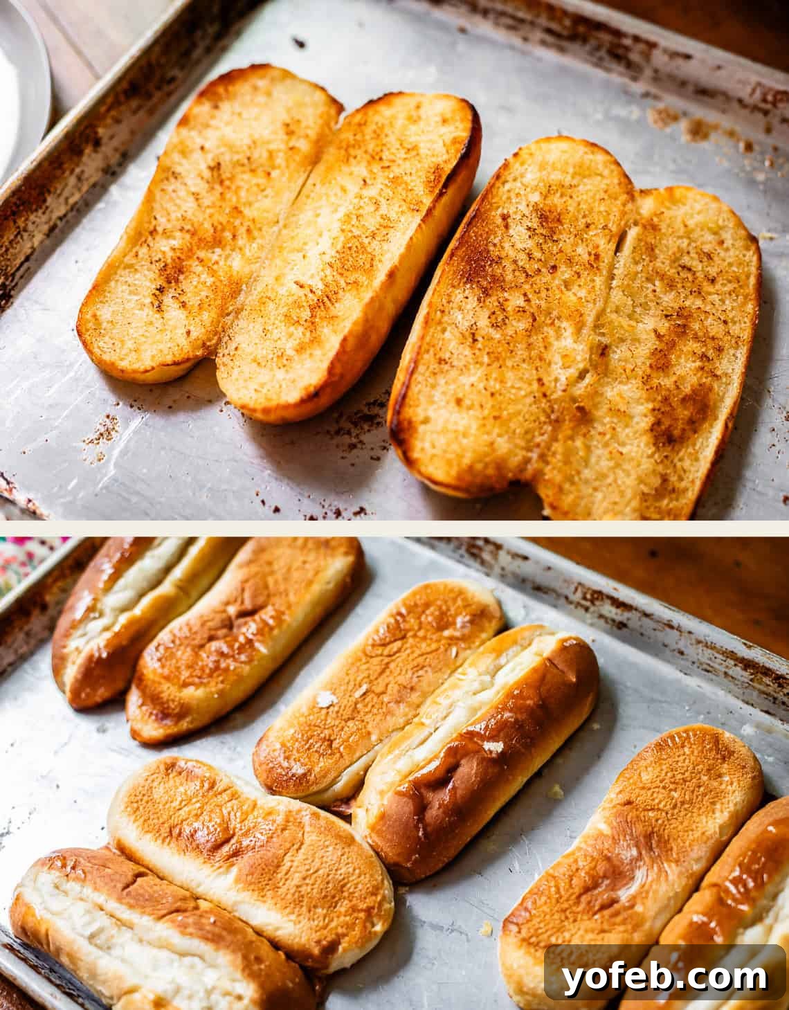 Ultimate Slow Cooker French Dip Sandwiches 17 Two images demonstrating toasted buns: the top photo shows three neatly split and toasted hot dog-style buns with a golden-brown crisp on a baking sheet. The bottom photo expands the view to six buns, some fully split and others partially, all showing a consistent light to medium browning, indicating perfect toasting for a French Dip sandwich.