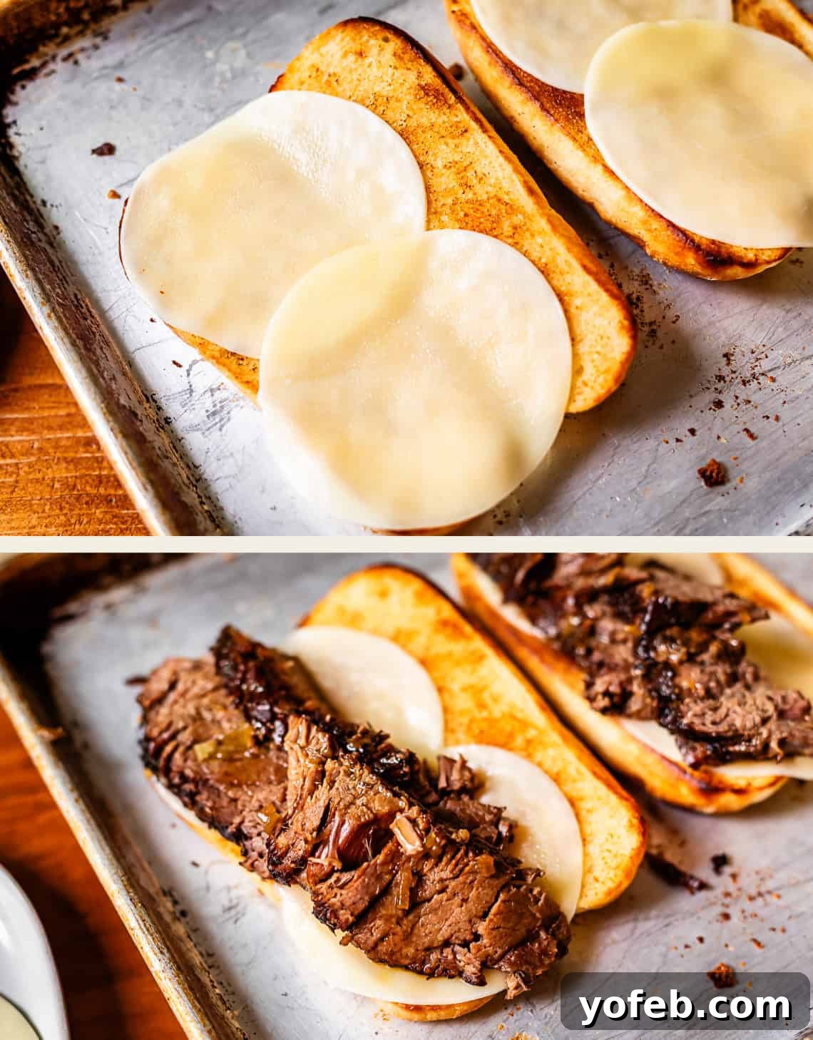Ultimate Slow Cooker French Dip Sandwiches 18 Two sequential images of sandwich assembly on a baking sheet: the top shows toasted buns already topped with slices of provolone cheese, ready for the broiler. The bottom image further shows shredded roast beef generously layered over the melted cheese, preparing the sandwiches for their final broiling and serving.