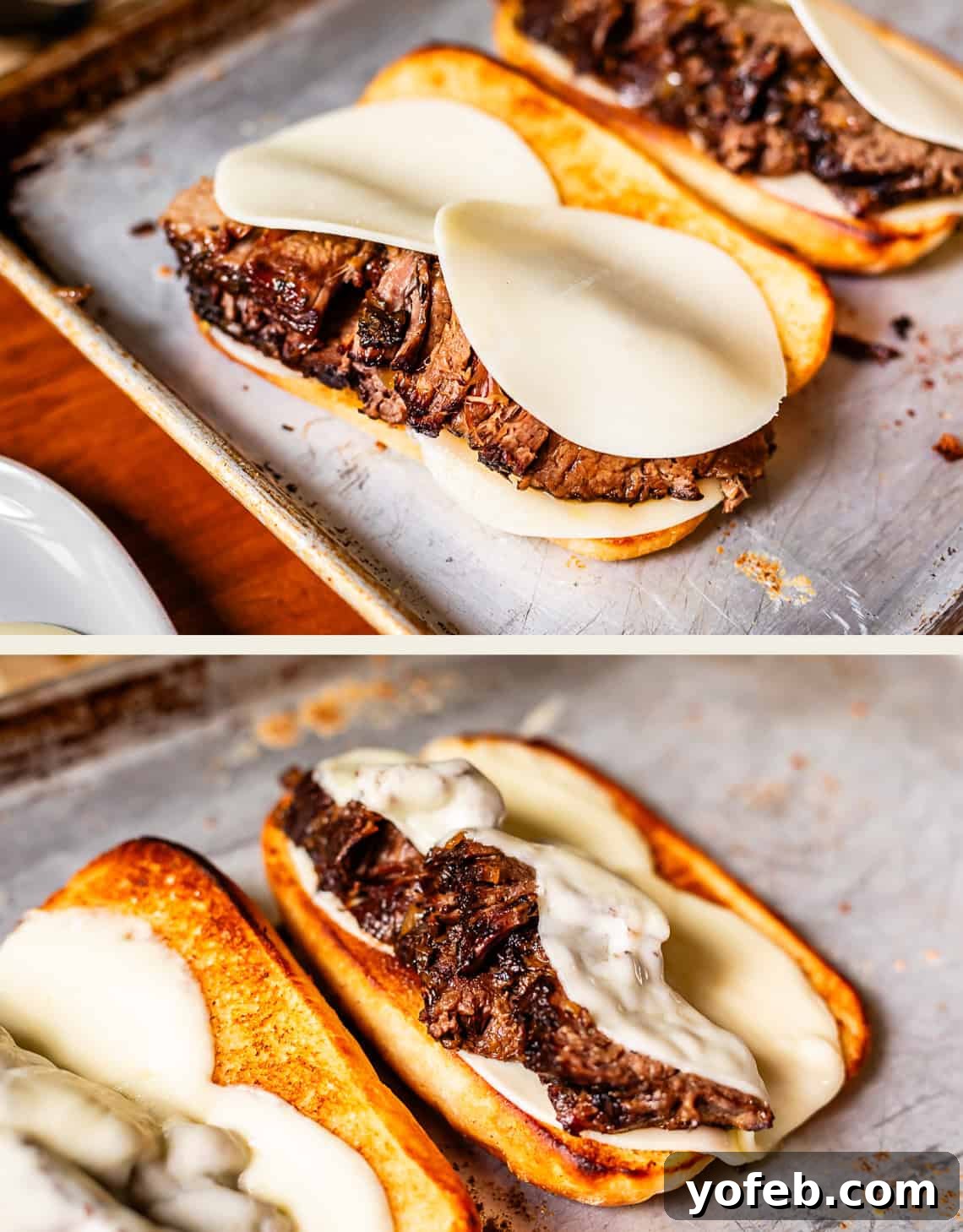 Ultimate Slow Cooker French Dip Sandwiches 19 Two images showcasing the French Dip sandwiches under the broiler: the first displays toasted sandwich buns loaded with roast beef and provolone cheese, ready to melt. The second image captures the sandwiches after a quick broil, with the cheese perfectly melted and bubbly over the tender beef, creating an irresistible golden crust.