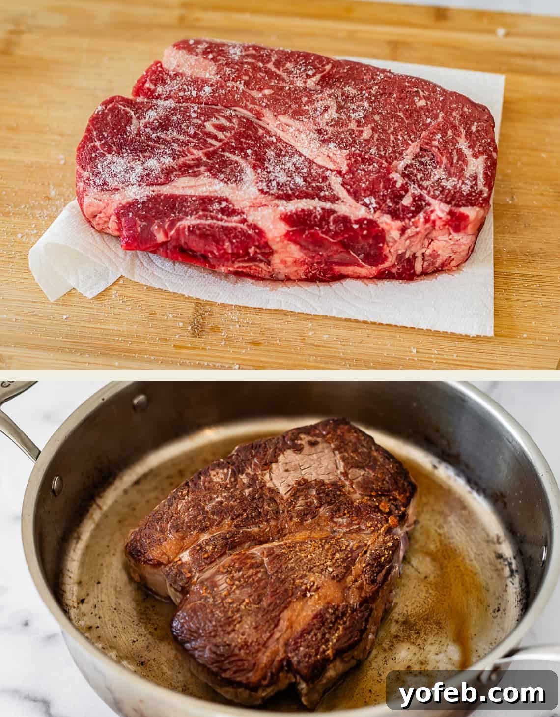 Ultimate Slow Cooker French Dip Sandwiches 8 Two sequential images: the first displays a raw, well-marbled beef roast generously sprinkled with kosher salt on a wooden cutting board, ready for seasoning. The second image shows the same roast in a hot pan, actively searing to a rich, browned crust on its exterior, demonstrating the Maillard reaction.