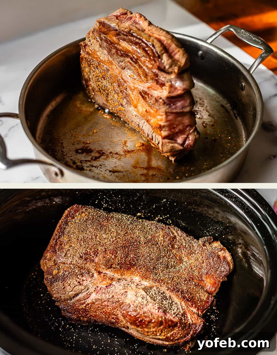 Ultimate Slow Cooker French Dip Sandwiches 9 A collage of two images illustrating the next steps: the top image shows a deeply browned beef roast standing on its side in a metal pan, highlighting the seared crust from all angles. The bottom image shows the same perfectly seasoned roast carefully transferred into a black slow cooker, ready to be infused with flavors during the cooking process.