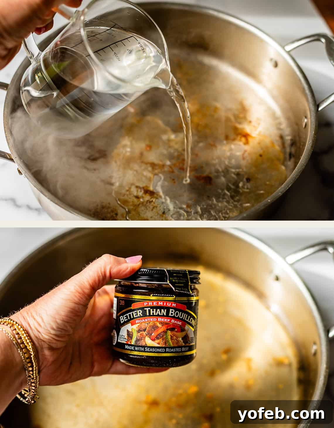 Ultimate Slow Cooker French Dip Sandwiches 10 Two images demonstrating liquid addition: the top image shows a hand pouring water from a clear measuring cup into a large metal pan, capturing the flavorful browned bits. The bottom image displays a hand holding a jar of Better Than Bouillon Beef Base over the same pan, preparing to add this essential ingredient for an umami boost.