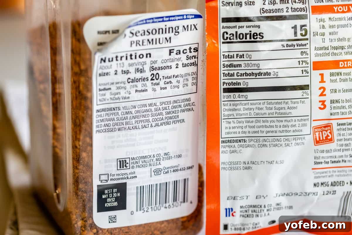 Elevate Your Tacos with Homemade Seasoning 6 A close-up comparison of ingredient lists from two different brands of taco seasoning blend.