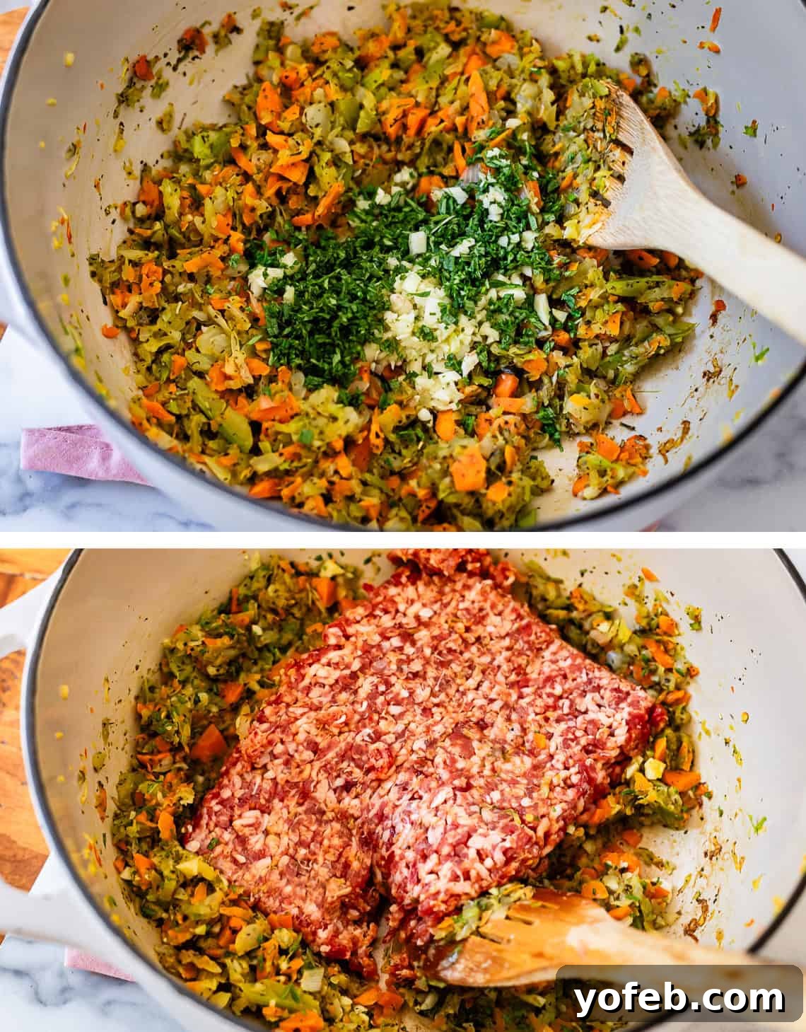 The Definitive Lasagna Soup 11 Top image shows vegetables sautéing in a large pot; bottom image shows mild Italian sausage being added to the mixture.