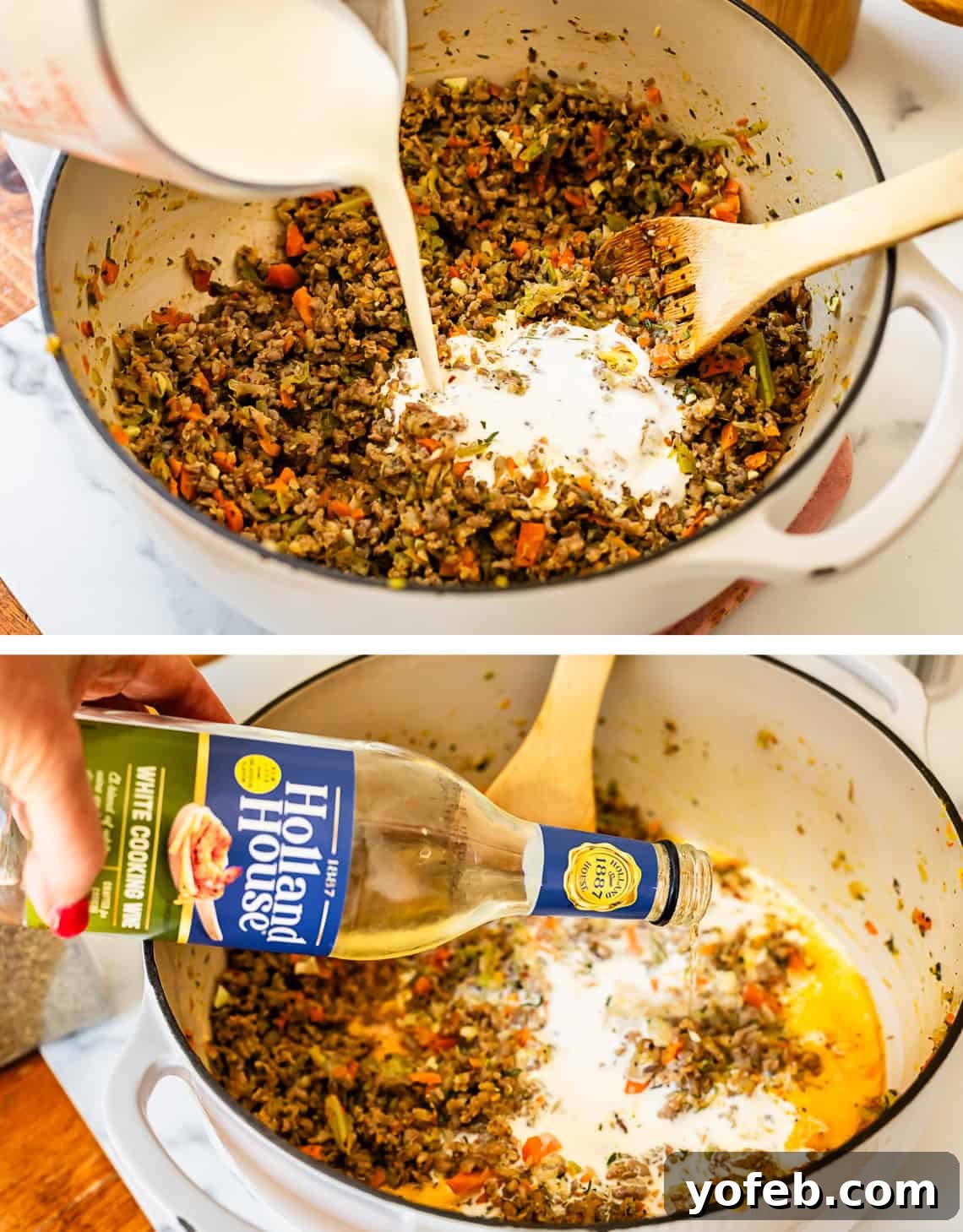The Definitive Lasagna Soup 12 Top image shows cream being poured into the vegetable and sausage mixture; bottom image shows white wine being added to the mixture in the pot.