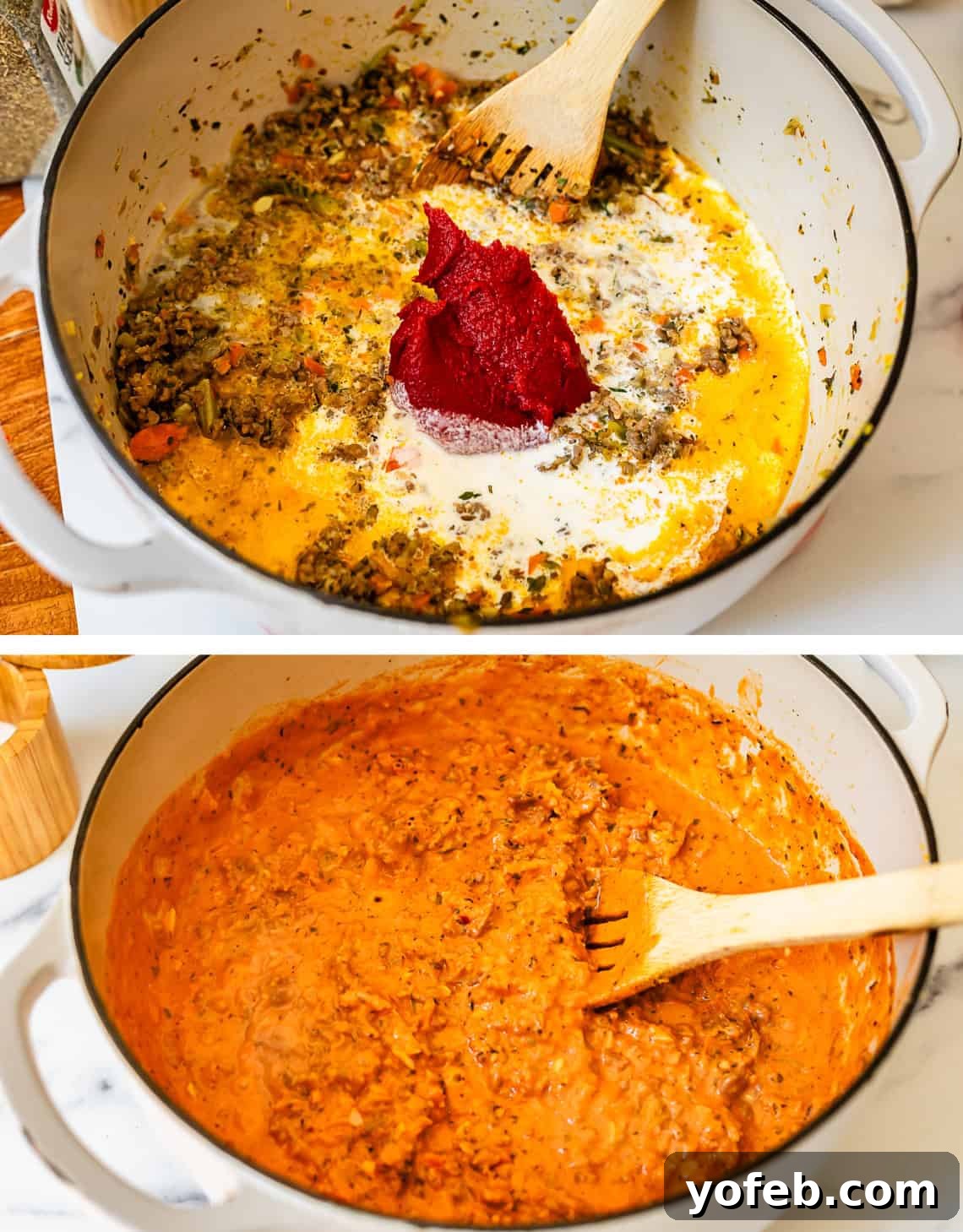 The Definitive Lasagna Soup 13 Top image shows tomato paste being added to the veggie mixture; bottom image shows the paste fully stirred in and incorporated.