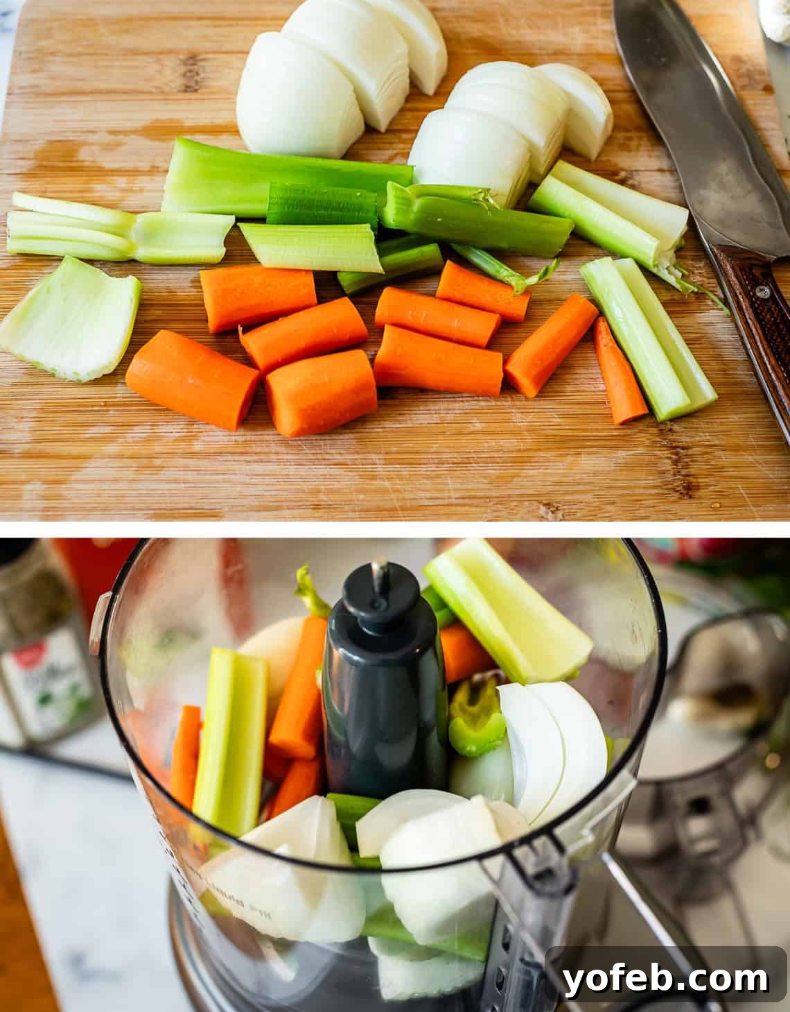 The Definitive Lasagna Soup 8 Top image shows chopped onion, celery, and carrot on a cutting board; bottom image shows them finely minced in a food processor.