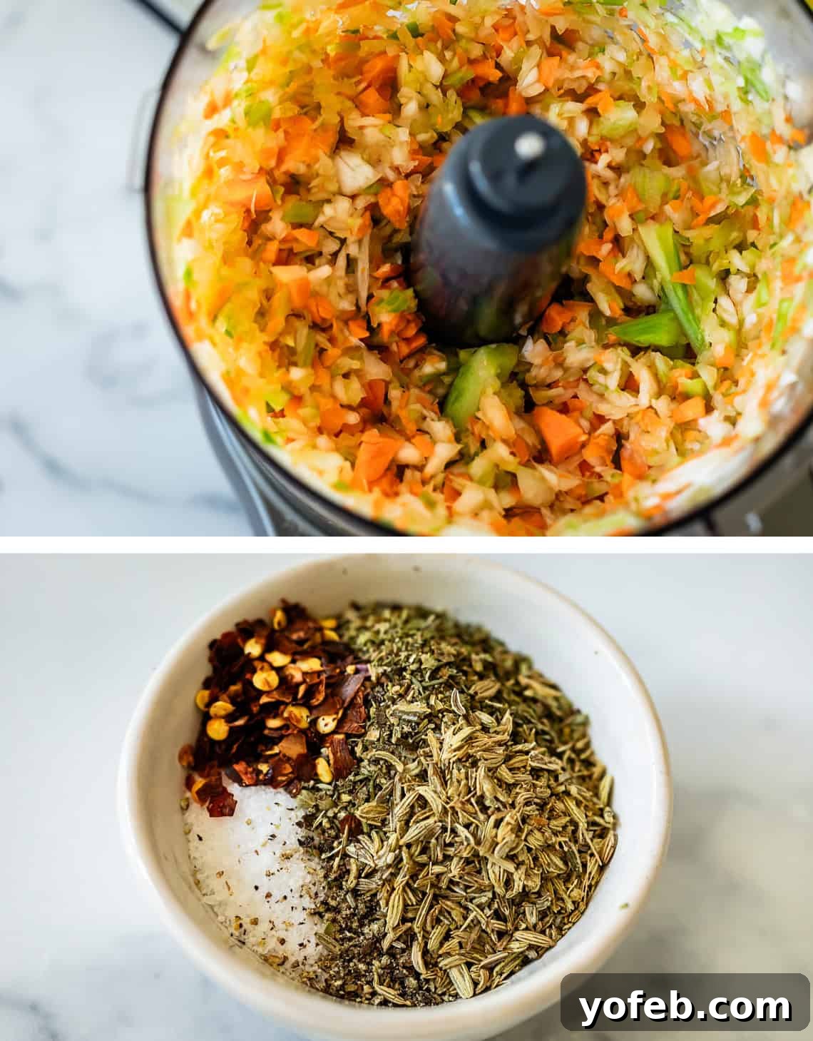 The Definitive Lasagna Soup 9 Top image shows vegetables finely pulverized in a food processor; bottom image displays a small bowl filled with a blend of spices.