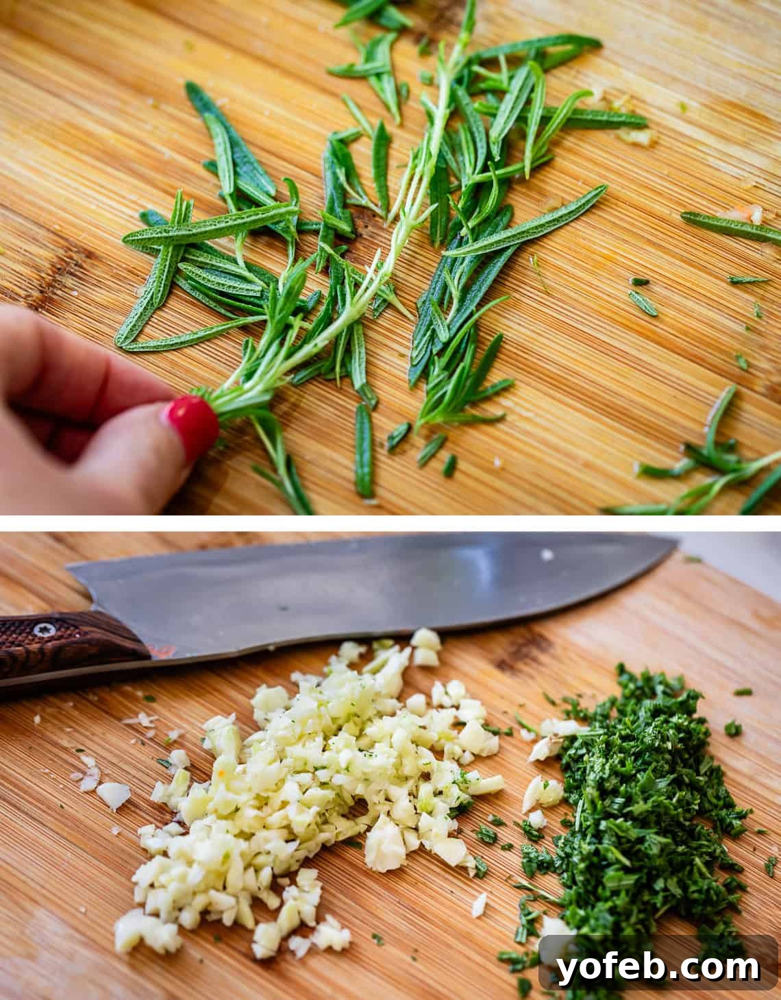 The Definitive Lasagna Soup 10 Top image illustrates removing rosemary leaves from a stalk; bottom image displays chopped rosemary and garlic on a cutting board.