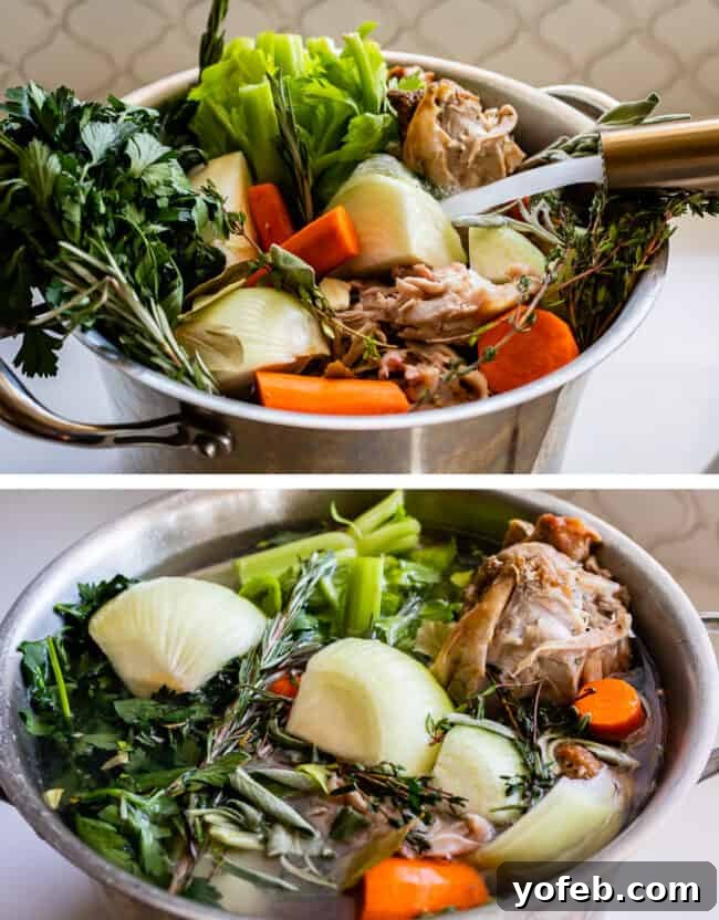 Homemade Turkey Stock: Vegetables and Carcass Submerged. Learn how easy it is to make Turkey Stock from the bones of your Thanksgiving turkey! All you need is a picked over turkey carcass and some vegetables and herbs that you probably already have on hand from cooking your turkey. You are going to love using this flavorful turkey stock in your next soup! #turkey #stock #fromcarcass #recipe #forgravy #uses #fromneckandgiblets #homemade #slowcooker #crockpot #soup #howtomake #leftovers vegetables inside pot showing how to make turkey broth.