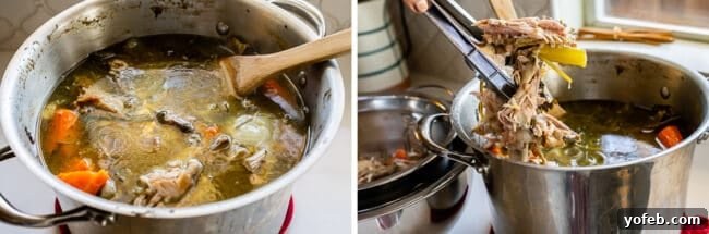 Homemade Turkey Stock: Gentle Simmering for Max Flavor. Learn how easy it is to make Turkey Stock from the bones of your Thanksgiving turkey! All you need is a picked over turkey carcass and some vegetables and herbs that you probably already have on hand from cooking your turkey. You are going to love using this flavorful turkey stock in your next soup! #turkey #stock #fromcarcass #recipe #forgravy #uses #fromneckandgiblets #homemade #slowcooker #crockpot #soup #howtomake #leftovers vegetables and carcass inside pot showing how to make turkey stock.