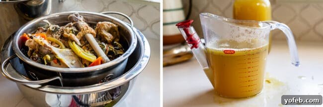 Homemade Turkey Stock: Straining the Broth. Learn how easy it is to make Turkey Stock from the bones of your Thanksgiving turkey! All you need is a picked over turkey carcass and some vegetables and herbs that you probably already have on hand from cooking your turkey. You are going to love using this flavorful turkey stock in your next soup! #turkey #stock #fromcarcass #recipe #forgravy #uses #fromneckandgiblets #homemade #slowcooker #crockpot #soup #howtomake #leftovers how to drain turkey carcass stock.