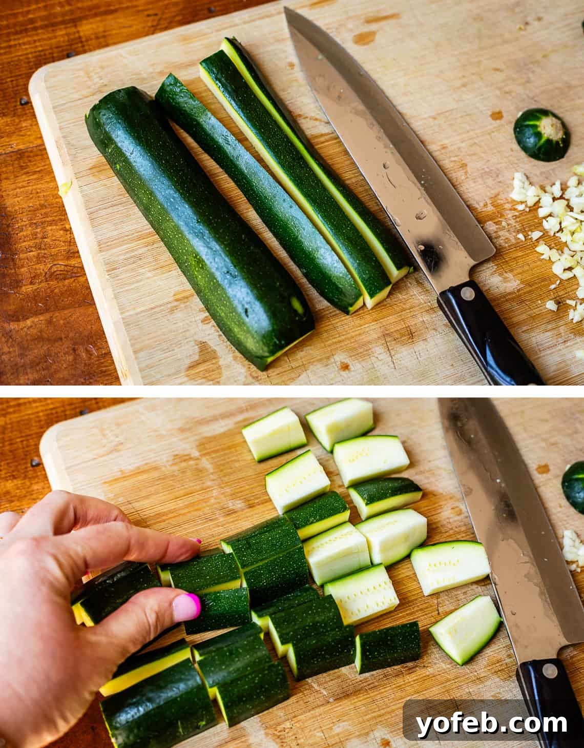Szechuan Kung Pao Chicken 11 Top: Zucchini strips laid out on a cutting board. Bottom: The zucchini strips expertly cut into large, uniform pieces, ready to be added to the stir-fry.