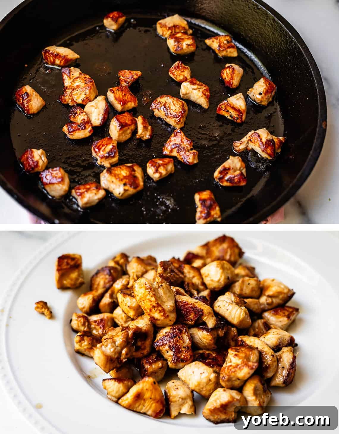 Szechuan Kung Pao Chicken 13 Top: Bites of chicken searing beautifully in a hot cast iron skillet. Bottom: All the cooked chicken perfectly seared and gathered on a plate.