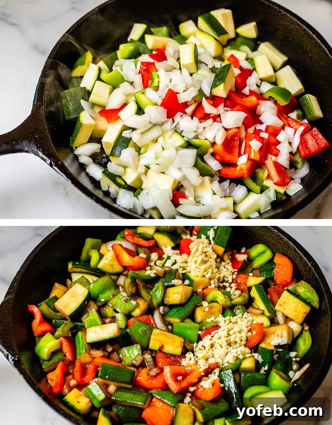 Szechuan Kung Pao Chicken 14 Top: A cast iron skillet filled with raw bell peppers, onions, and zucchini. Bottom: The same vegetables, lightly seared, with minced garlic freshly added on top.