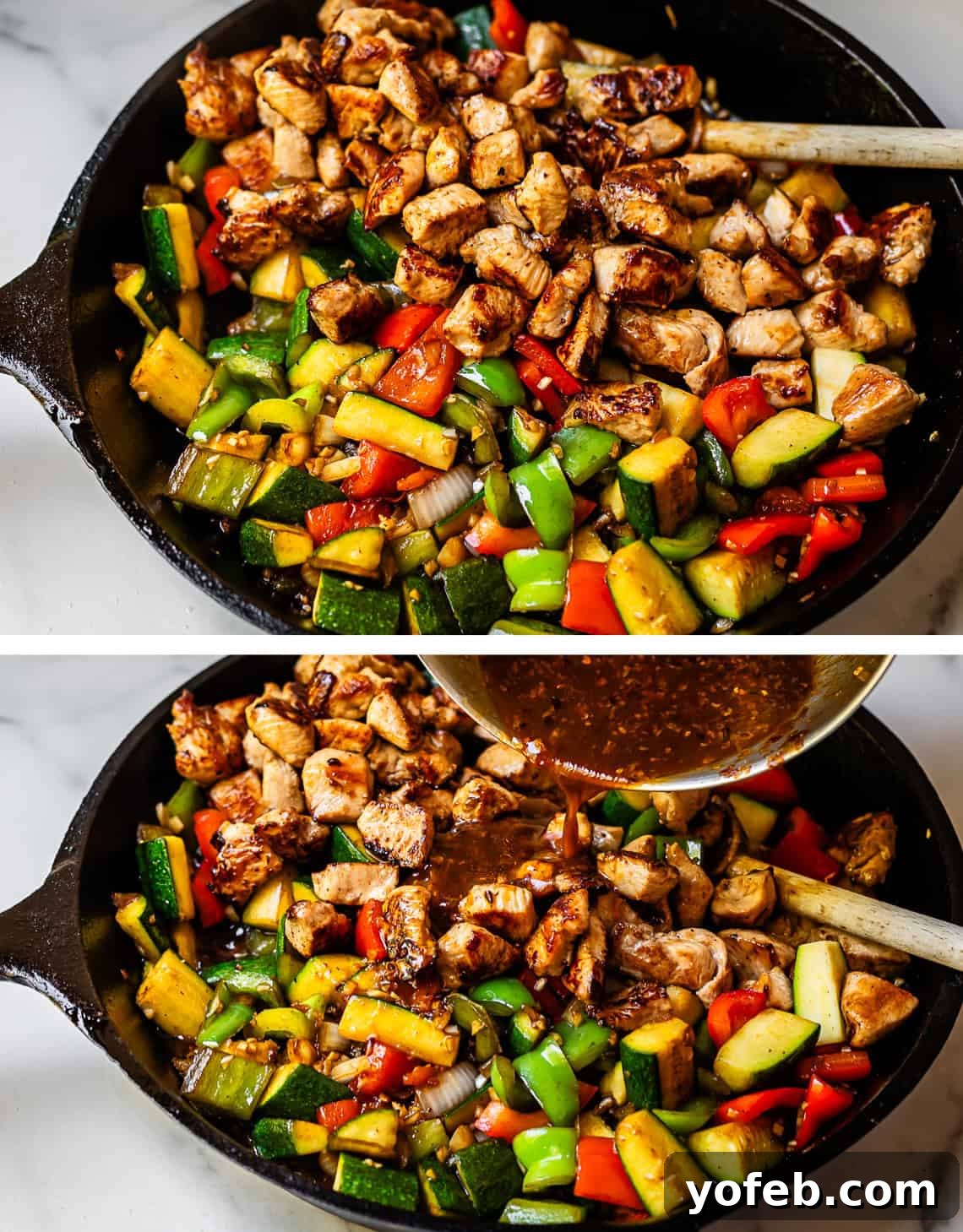 Szechuan Kung Pao Chicken 15 Top: Seared chicken pieces are added back on top of the cooked vegetables in the skillet. Bottom: The luscious orange-chili sauce is poured over the chicken and vegetables in the pan.