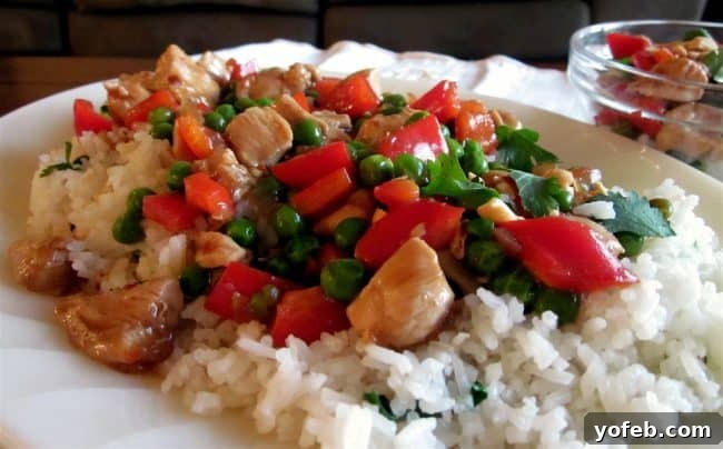Szechuan Kung Pao Chicken 21 An older, stylized photo of Kung Pao Chicken served with Coconut Jasmine Rice from TheFoodCharlatan.com