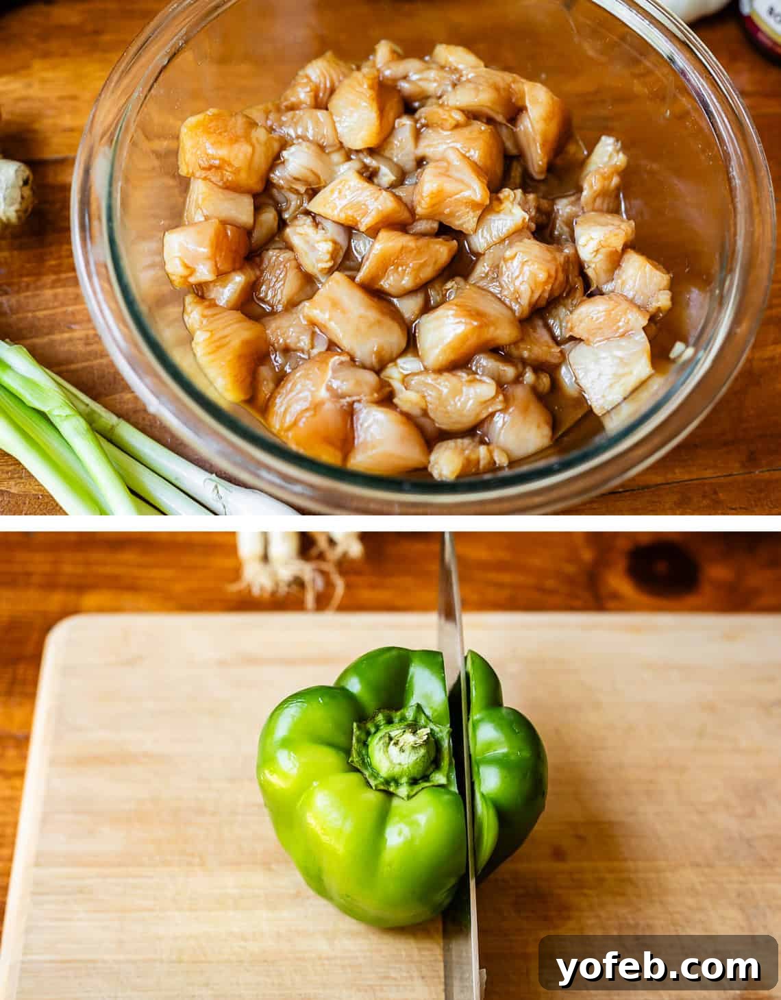Szechuan Kung Pao Chicken 9 Top: A glass bowl containing chicken marinating in a savory sauce. Bottom: A chef's knife expertly slicing a red bell pepper on a cutting board.