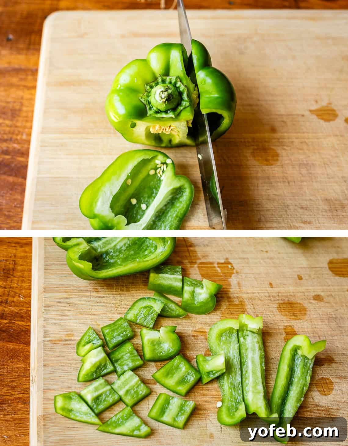 Szechuan Kung Pao Chicken 10 Top: A chef's knife making a second cut on a bell pepper strip. Bottom: The bell pepper strips now cut into perfect large squares, ready for the stir-fry.