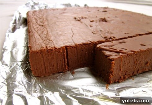 My Mom's Marshmallow Fluff Fudge. This no-fuss marshmallow fluff fudge recipe is for chocolate purists! It is smooth, creamy, and decadent, and you can't have just one piece! #fudge #chocolate #marshmallowcream #marshmallowfluff #fluff #desserts #holidays #sugar #family A large slab of homemade marshmallow fluff fudge resting on aluminum foil, capturing the rustic charm of a cherished family recipe.