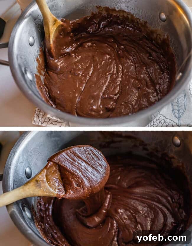 Mom's Effortless Fudge 20 Two photos side-by-side: the first showing fudge in a pot with visible chocolate chunks (not well mixed), and the second displaying a perfectly smooth, rich chocolate mixture.