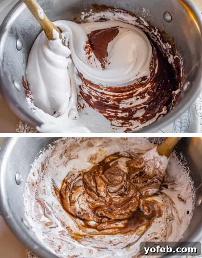 Mom's Effortless Fudge 22 Two photos demonstrating the final mixing steps: the first shows marshmallow creme being mixed into the fudge, and the second captures the addition of vanilla extract.