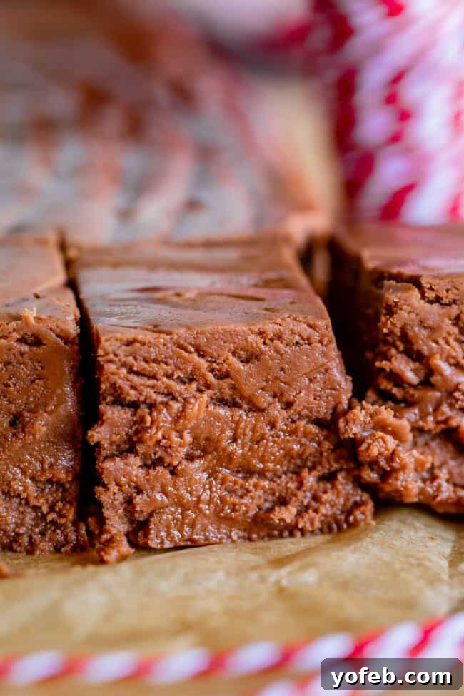 Mom's Effortless Fudge 6 Freshly sliced squares of marshmallow fluff fudge artfully arranged on parchment paper, highlighting their smooth texture and rich color.